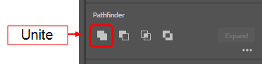screen shot showing the Pathfinder tool with the Unite icon highlighted